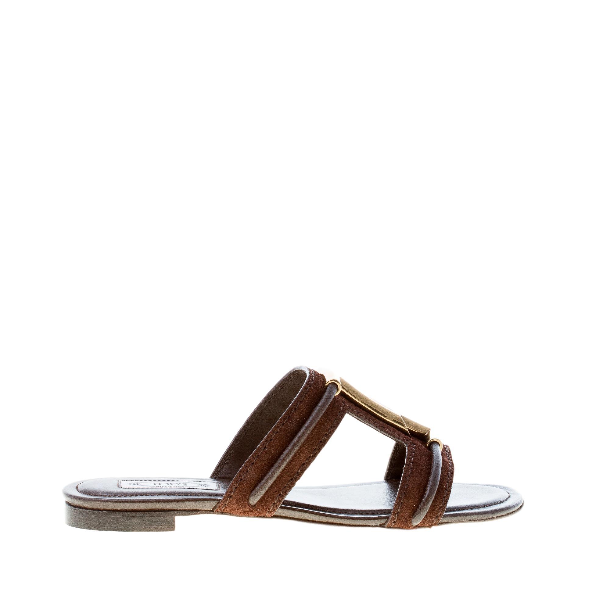 TOD'S women shoes Dark brown suede slide sandal with the iconic metal