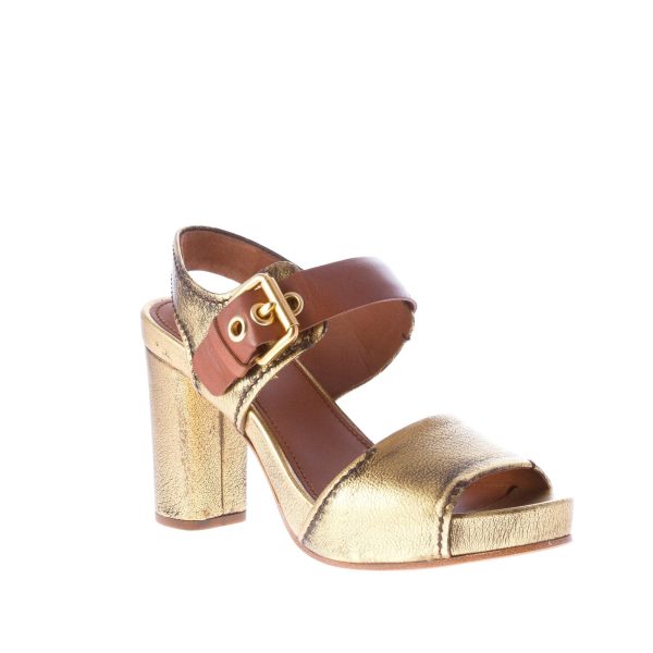 CAR SHOE sandalo con fibbia alla caviglia in pelle ORO anticato più cuoio. Tacco 10 cm. Plateau 2 cm - immagine 2