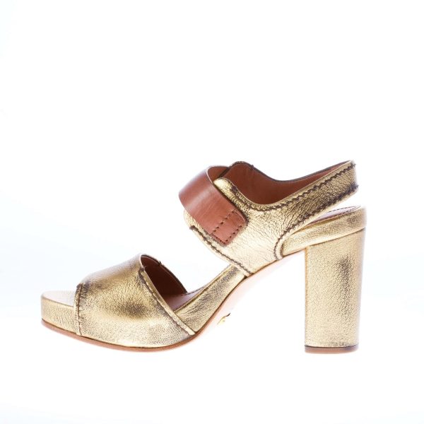CAR SHOE sandalo con fibbia alla caviglia in pelle ORO anticato più cuoio. Tacco 10 cm. Plateau 2 cm - immagine 6