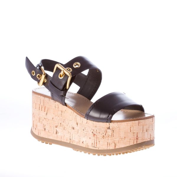 CAR SHOE sandalo in pelle NERO con fibbie dorate e zeppa in sughero. Tacco 7 cm - immagine 2