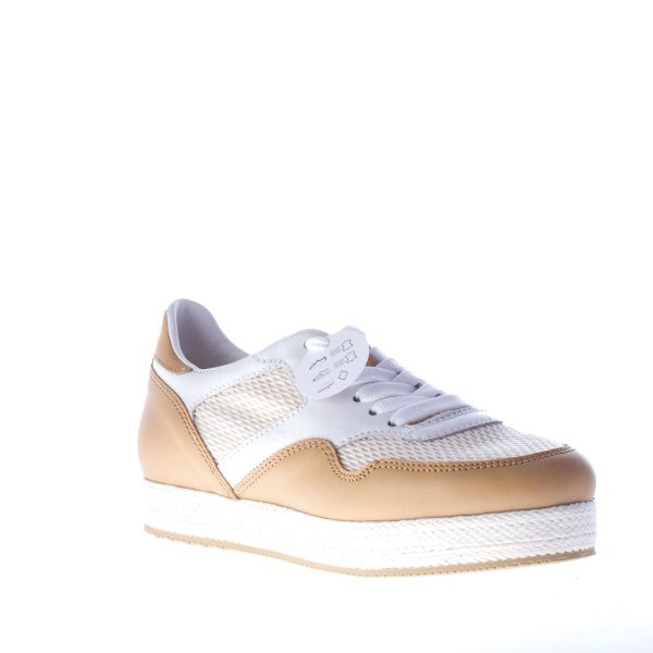 HOGAN sneaker H268 in tessuto BEIGE più pelle naturale e bianco con fascia in corda. - immagine 2