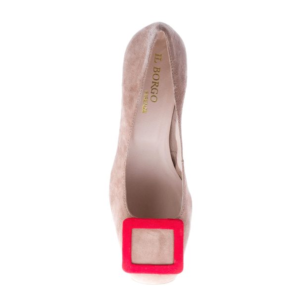 IL BORGO FIRENZE décolleté in camoscio BEIGE con fibbia e tacco rosso. Tacco 5,5 cm - immagine 8