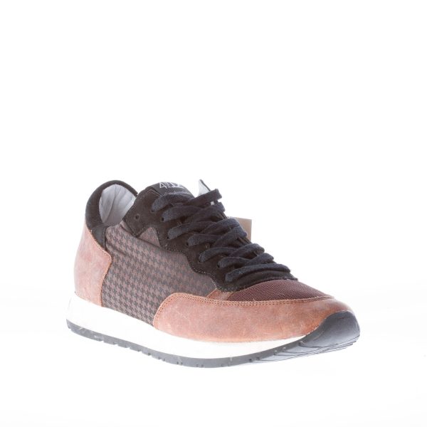 QUATTROBARRADODICI uomo sneaker in pelle marrone più tessuto pied de poule - immagine 2