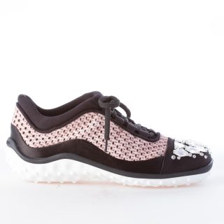 MIU MIU donna sneaker in raso e tessuto a maglie ROSA e nero con gioielli swarovsky