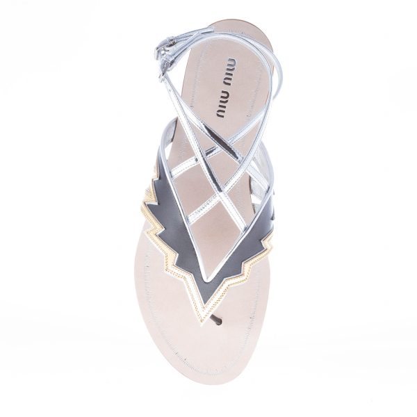 MIU MIU donna sandalo infradito flat in pelle NERO più ORO con cinturino alla caviglia - immagine 7