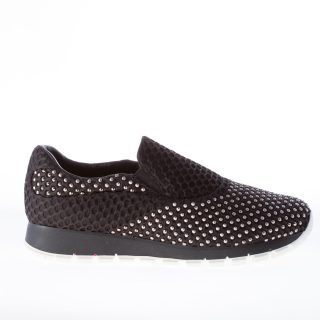 PRADA donna slip on BEE in tessuto tecnico a nido d'ape NERO con borchie