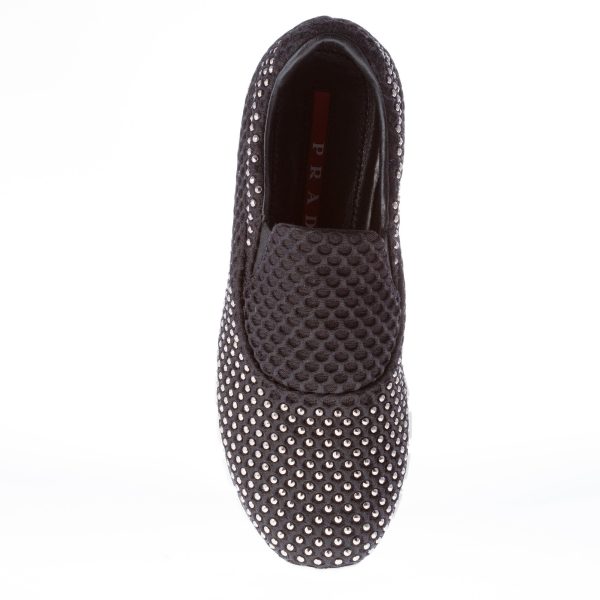PRADA donna slip on BEE in tessuto tecnico a nido d'ape NERO con borchie - immagine 7