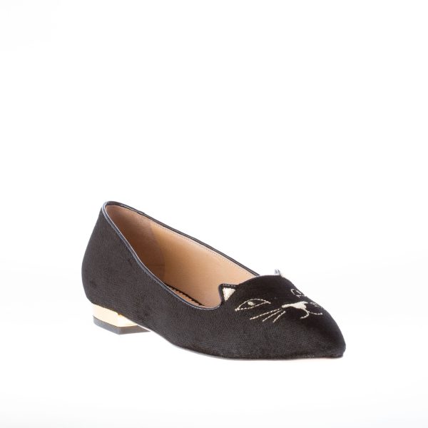 CHARLOTTE OLYMPIA donna ballerina slip on in velluto NERO con Kitty oro - immagine 2