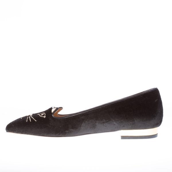 CHARLOTTE OLYMPIA donna ballerina slip on in velluto NERO con Kitty oro - immagine 5
