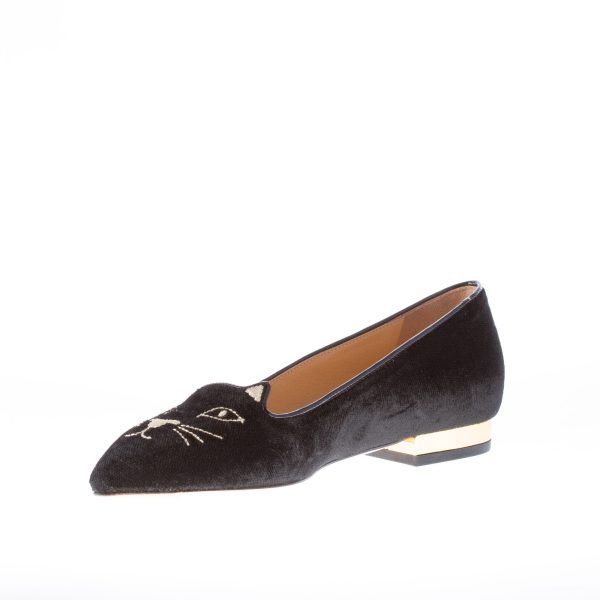 CHARLOTTE OLYMPIA donna ballerina slip on in velluto NERO con Kitty oro - immagine 6