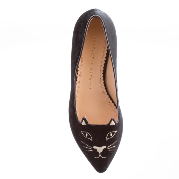 CHARLOTTE OLYMPIA donna ballerina slip on in velluto NERO con Kitty oro - immagine 7