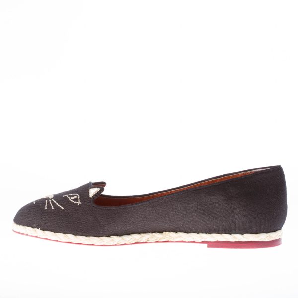 CHARLOTTE OLYMPIA donna ballerina espadrillas Capri Cats in tessuto NERO con Kitty oro - immagine 5