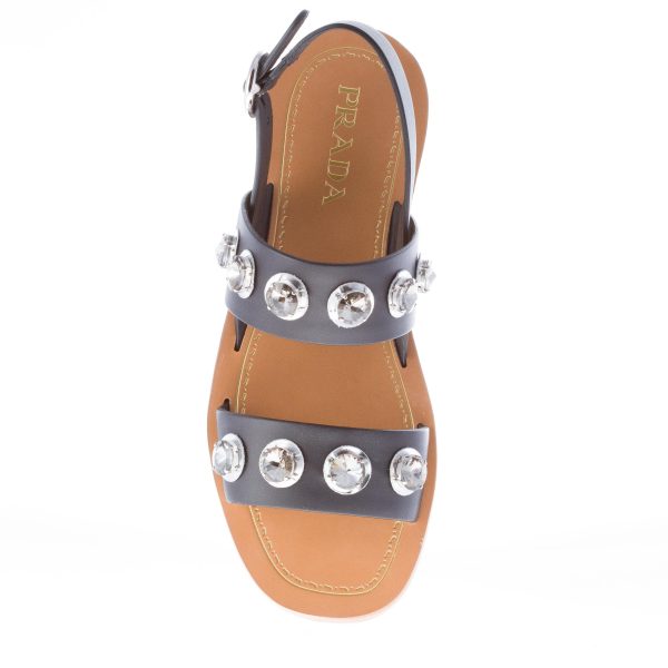 PRADA donna sandalo basso in pelle NERO con anelli di cristallo - immagine 7