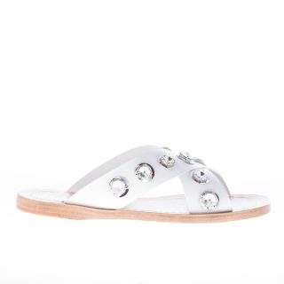 PRADA donna sandalo basso slide in pelle BIANCO con anelli di cristallo