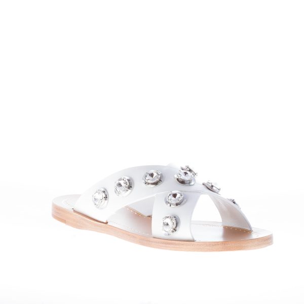 PRADA donna sandalo basso slide in pelle BIANCO con anelli di cristallo - immagine 2