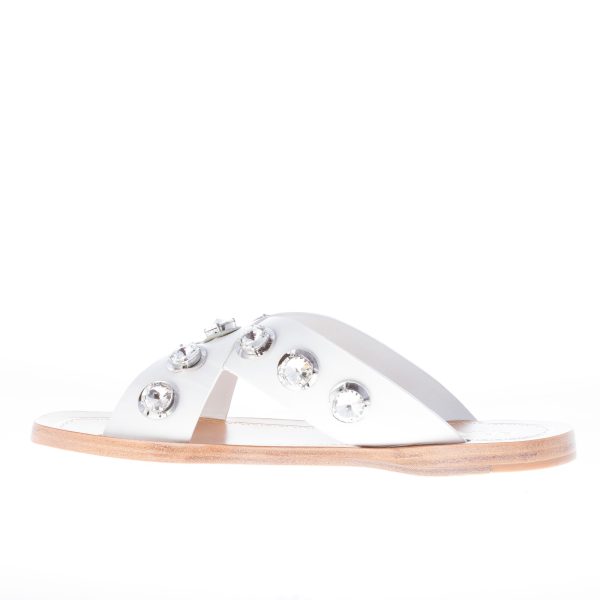 PRADA donna sandalo basso slide in pelle BIANCO con anelli di cristallo - immagine 5
