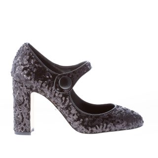 DOLCE & GABBANA donna decolletè Mary Jane in tessuto e paillettes NERO. Tacco 9 cm
