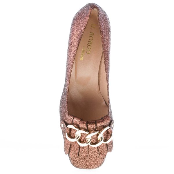 IL BORGO FIRENZE donna decolletè in pelle laminata BRONZO con frangia e catena. Tacco 5 cm - immagine 7