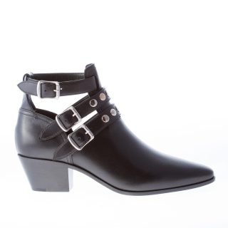 SAINT LAURENT donna stivaletto in pelle NERO con cinturini fibbie e borchie. Tacco 4,5 cm
