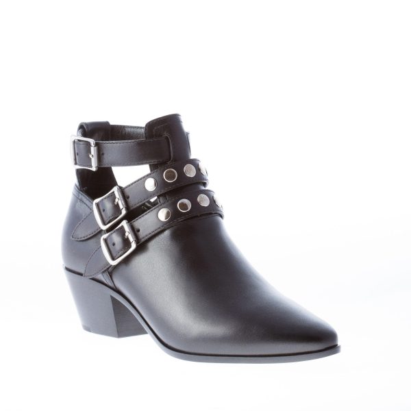 SAINT LAURENT donna stivaletto in pelle NERO con cinturini fibbie e borchie. Tacco 4,5 cm - immagine 2