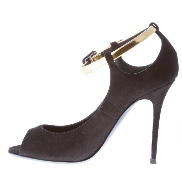 GIUSEPPE ZANOTTI donna MISTICO decolletè open toe in camoscio NERO con cinturino oro. Tacco 10,5 - immagine 5