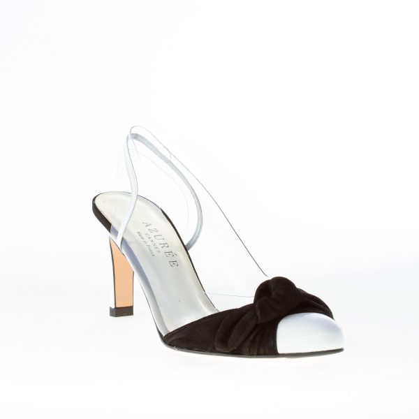 AZUREE CANNES donna scarpa chanel LIGUE in vernice bianca con fiocco nero. Tacco 8,5 - immagine 2