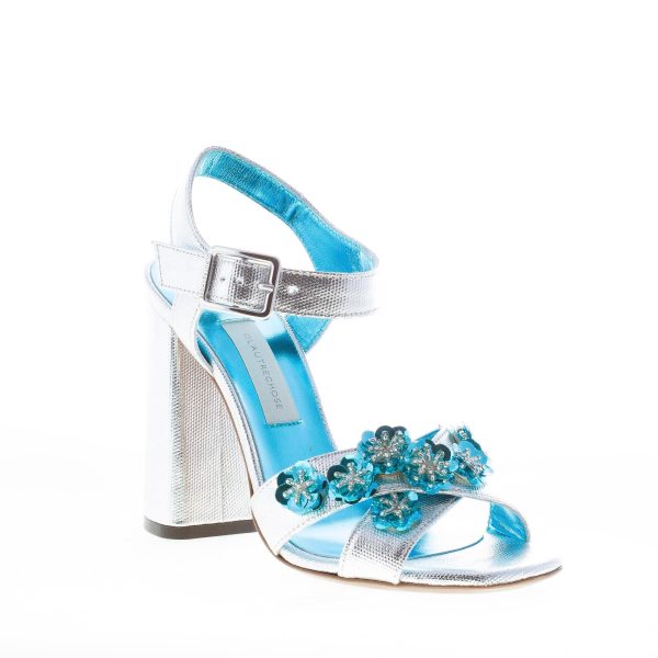 L'AUTRE CHOSE donna sandalo in canvas ARGENTO con fiori turchesi. Tacco 11 cm - immagine 2