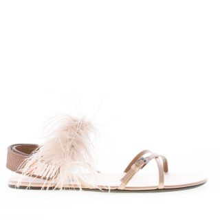 PRADA donna sandalo basso in raso NATURALE con applicazione piume. Suola in cuoio