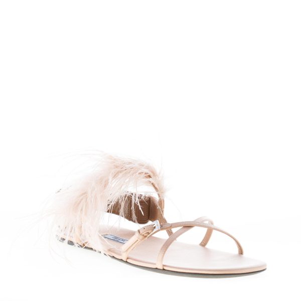 PRADA donna sandalo basso in raso NATURALE con applicazione piume. Suola in cuoio - immagine 2