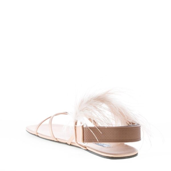 PRADA donna sandalo basso in raso NATURALE con applicazione piume. Suola in cuoio - immagine 4