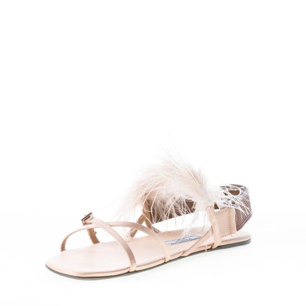 PRADA donna sandalo basso in raso NATURALE con applicazione piume. Suola in cuoio - immagine 6