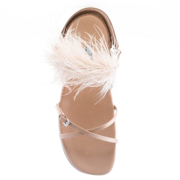 PRADA donna sandalo basso in raso NATURALE con applicazione piume. Suola in cuoio - immagine 7