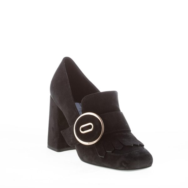 PRADA donna mocassino in camoscio NERO con frangia e bottone dorato. Tacco 8,5 cm - immagine 2