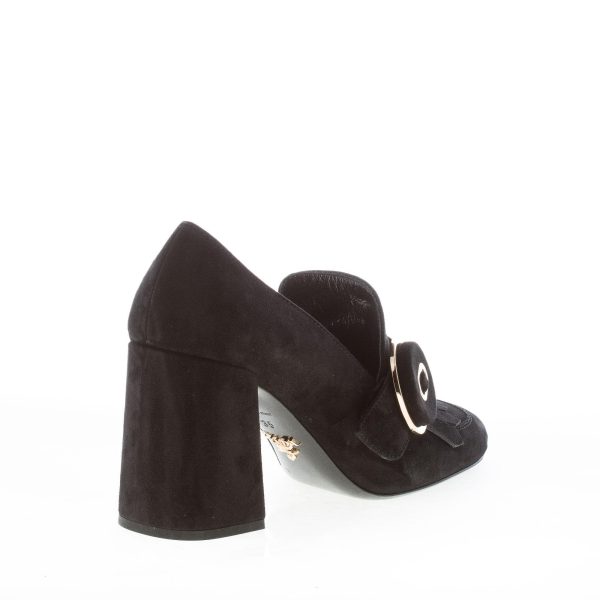 PRADA donna mocassino in camoscio NERO con frangia e bottone dorato. Tacco 8,5 cm - immagine 3