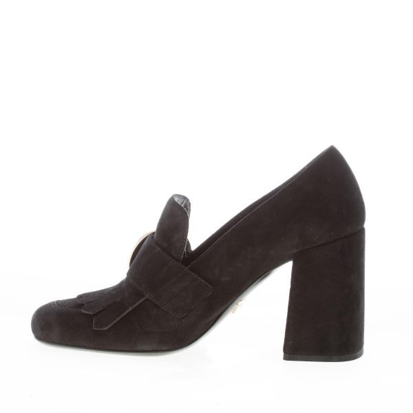 PRADA donna mocassino in camoscio NERO con frangia e bottone dorato. Tacco 8,5 cm - immagine 5