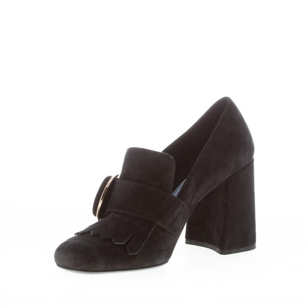 PRADA donna mocassino in camoscio NERO con frangia e bottone dorato. Tacco 8,5 cm - immagine 6