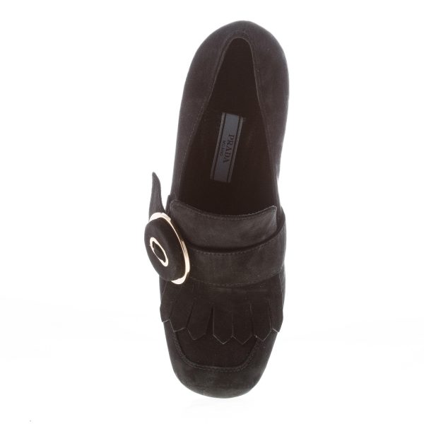 PRADA donna mocassino in camoscio NERO con frangia e bottone dorato. Tacco 8,5 cm - immagine 7