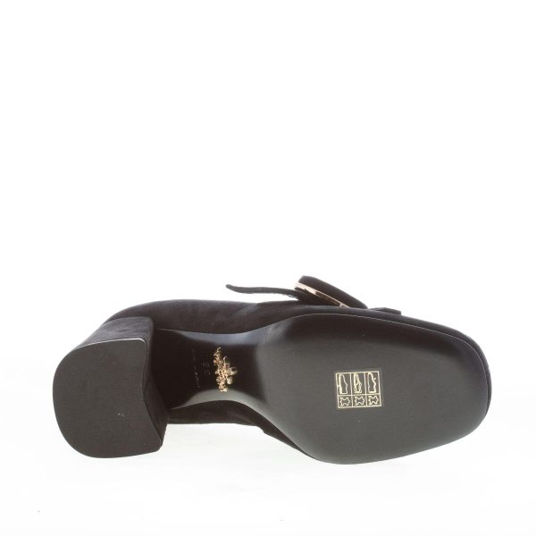 PRADA donna mocassino in camoscio NERO con frangia e bottone dorato. Tacco 8,5 cm - immagine 8