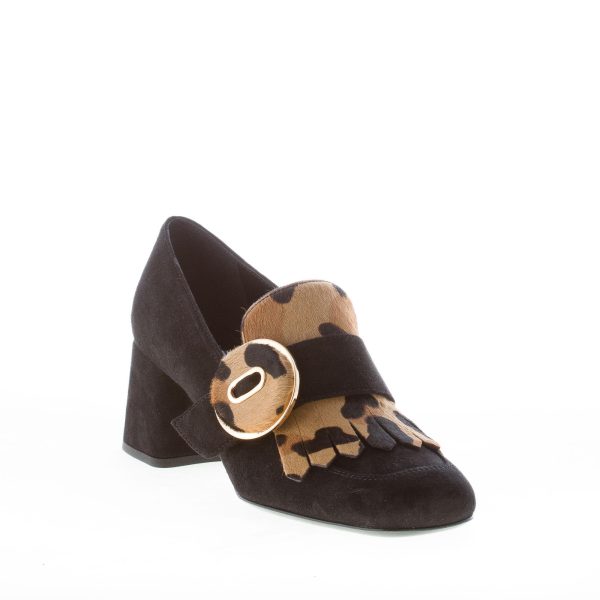 PRADA donna mocassino in camoscio NERO con frangia e bottone in pony leopardato. Tacco 5,5 cm - immagine 2