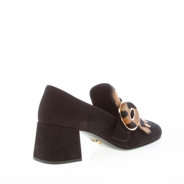 PRADA donna mocassino in camoscio NERO con frangia e bottone in pony leopardato. Tacco 5,5 cm - immagine 3