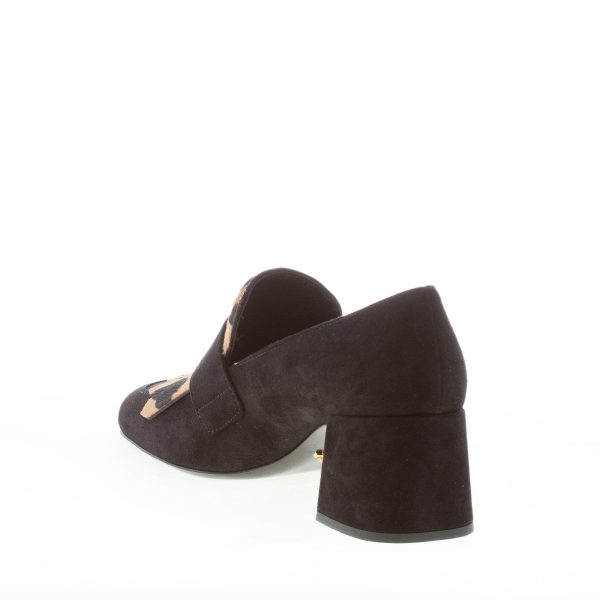 PRADA donna mocassino in camoscio NERO con frangia e bottone in pony leopardato. Tacco 5,5 cm - immagine 4
