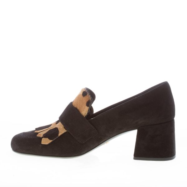PRADA donna mocassino in camoscio NERO con frangia e bottone in pony leopardato. Tacco 5,5 cm - immagine 5