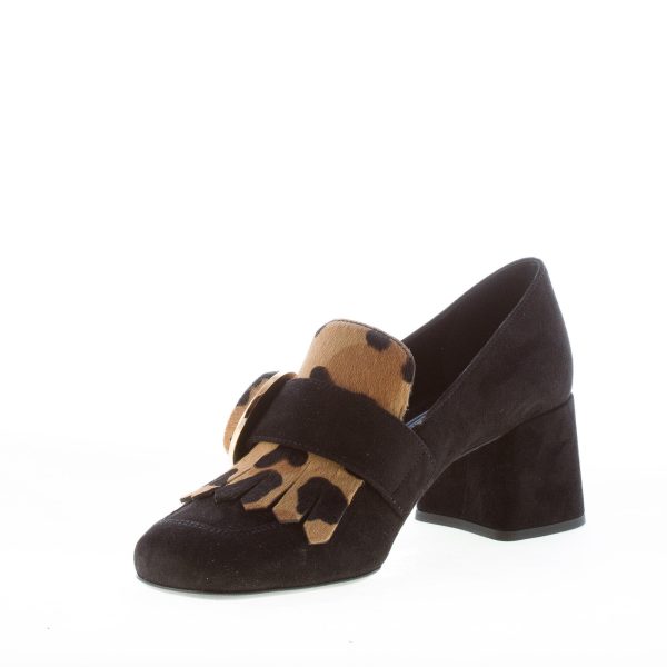PRADA donna mocassino in camoscio NERO con frangia e bottone in pony leopardato. Tacco 5,5 cm - immagine 6