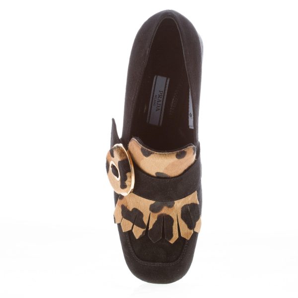 PRADA donna mocassino in camoscio NERO con frangia e bottone in pony leopardato. Tacco 5,5 cm - immagine 7
