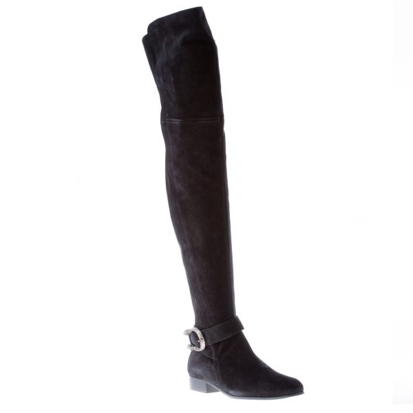 GUCCI donna stivale Dioniso sopra il ginocchio in camoscio NERO con fibbia testa di tigre. Tacco 2,5 cm - immagine 2