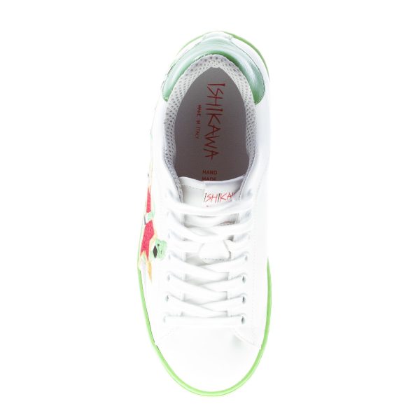 ISHIKAWA donna sneaker bassa in pelle BIANCO più verde con ricamo serpente - immagine 7