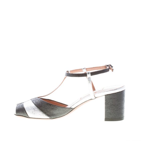 L'AUTRE CHOSE donna sandalo T-strap in pelle craquelé NERO e ARGENTO. Tacco 6,5 cm - immagine 5