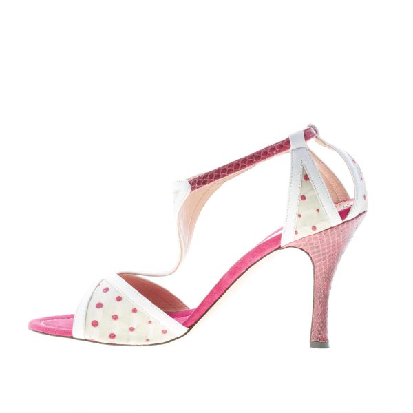 MINA BUENOS AIRES donna sandalo T-Strap in pelle BIANCO con tessuto a pois più malva. Tacco 8,5 cm - immagine 5