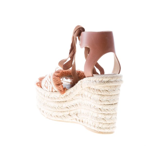 PALOMITAS donna sandalo in pelle e tessuto ricamato MARRONE con laccio alla caviglia. Zeppa 11,5 cm - immagine 4