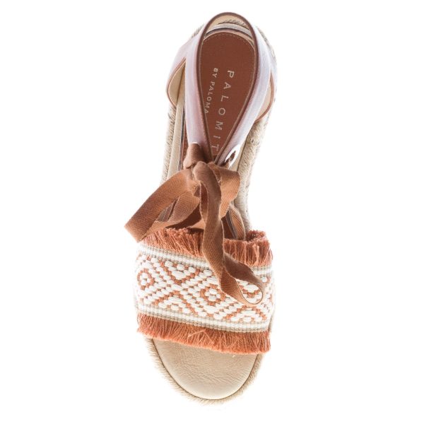 PALOMITAS donna sandalo in pelle e tessuto ricamato MARRONE con laccio alla caviglia. Zeppa 11,5 cm - immagine 7